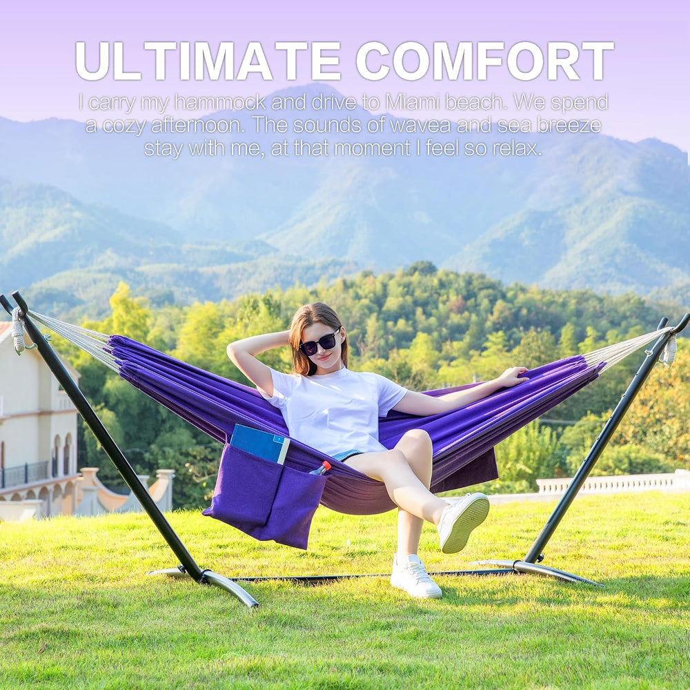 Double Hammock with Stand for Outside, Heavy-Duty, Portable (Purple)