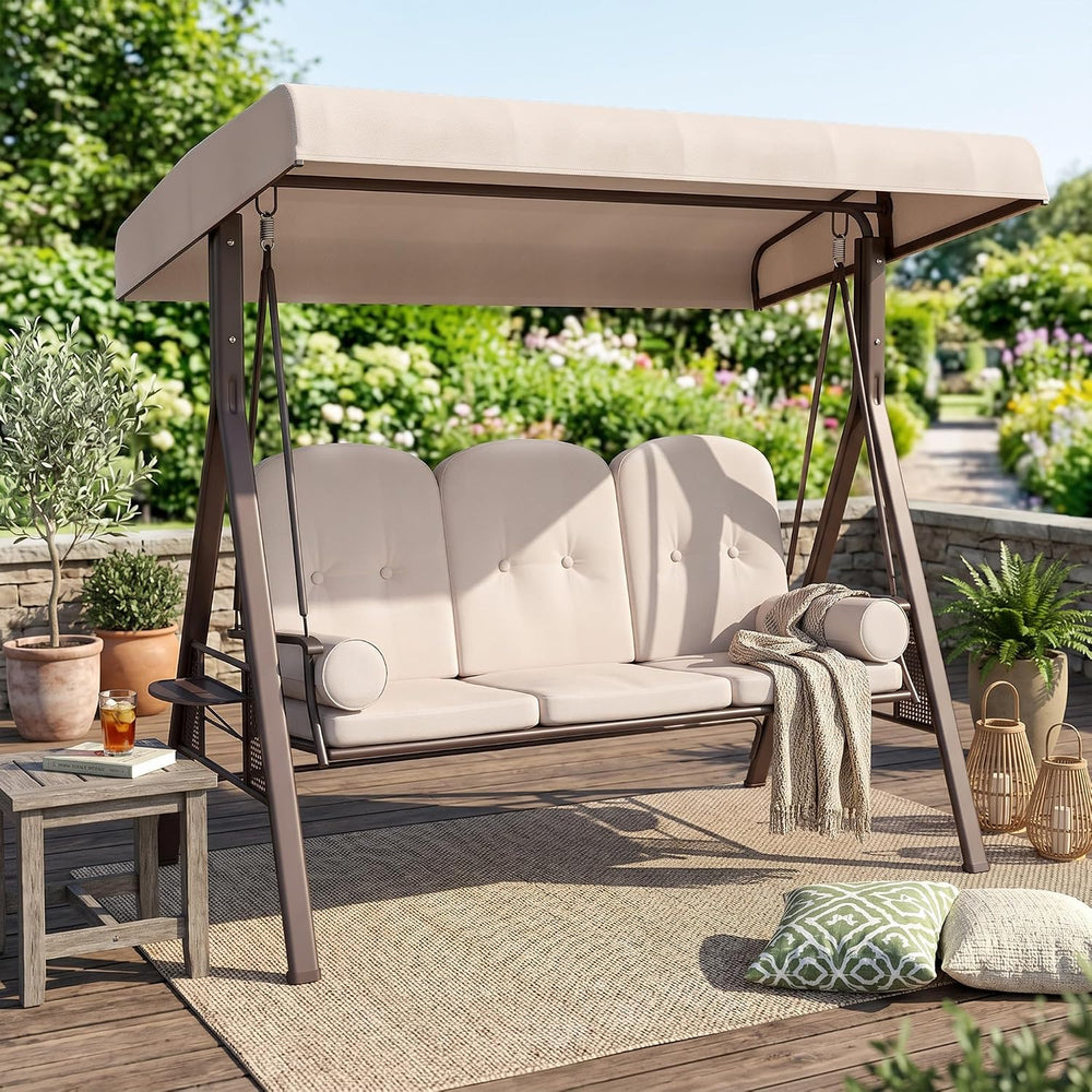 Outsunny 3-Seat Patio Swing Chair Adjustable Canopy Beige
