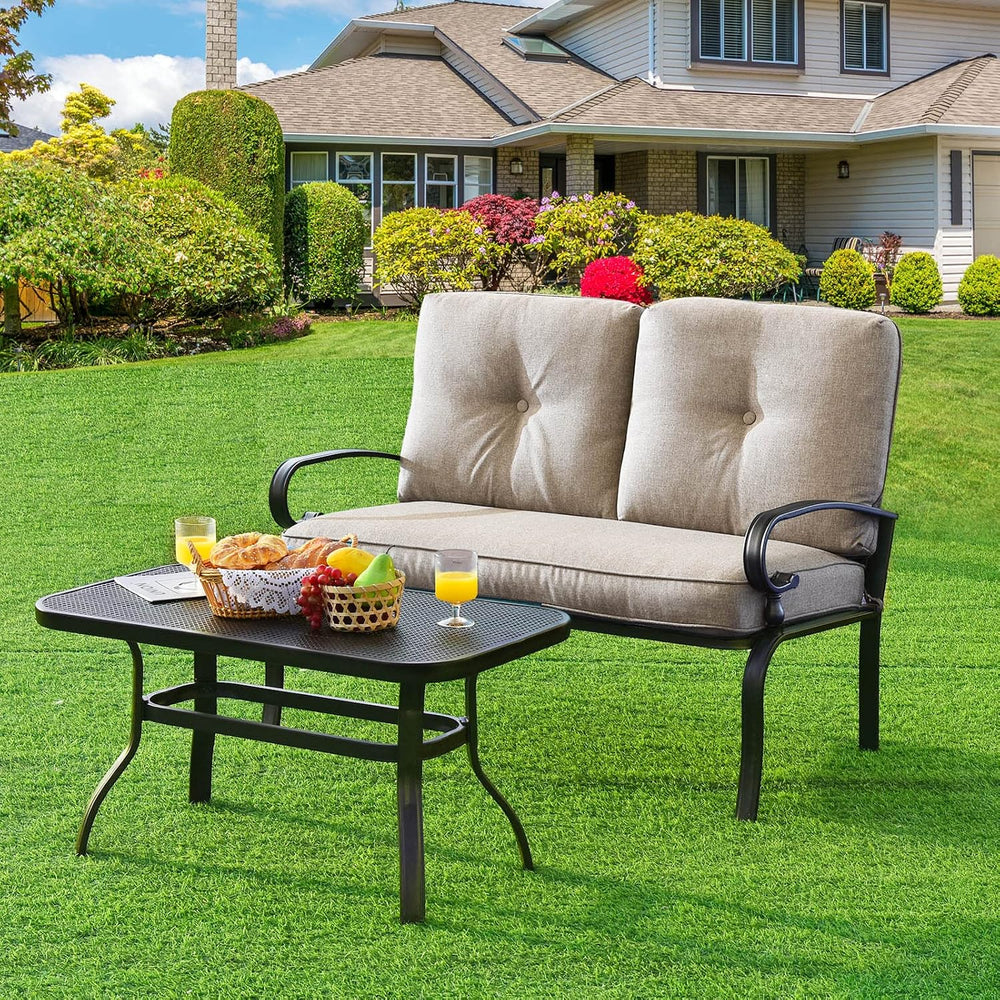 Tangkula Patio Loveseat with Table Set, 2 Seat Cushioned Sofa with Coffee Tab...