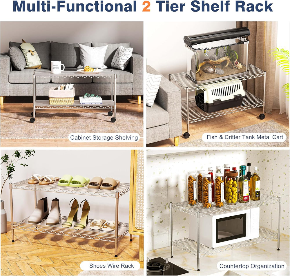2-Tier Heavy Duty Metal Shelving Unit,Wire Shelf Rack with Lockable Wheels