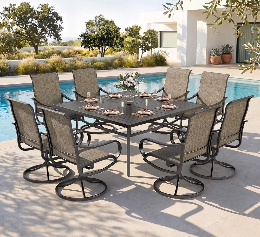 PHI VILLA Outdoor Dining Set for 8, Swivel Mesh Chairs & Square Table,Brown