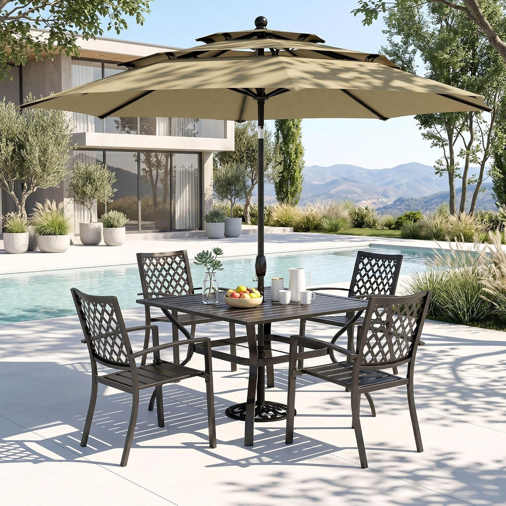 PHI VILLA 5 PCS Patio Dining Set w/ 10ft 3 Tier Umbrella(Beige)