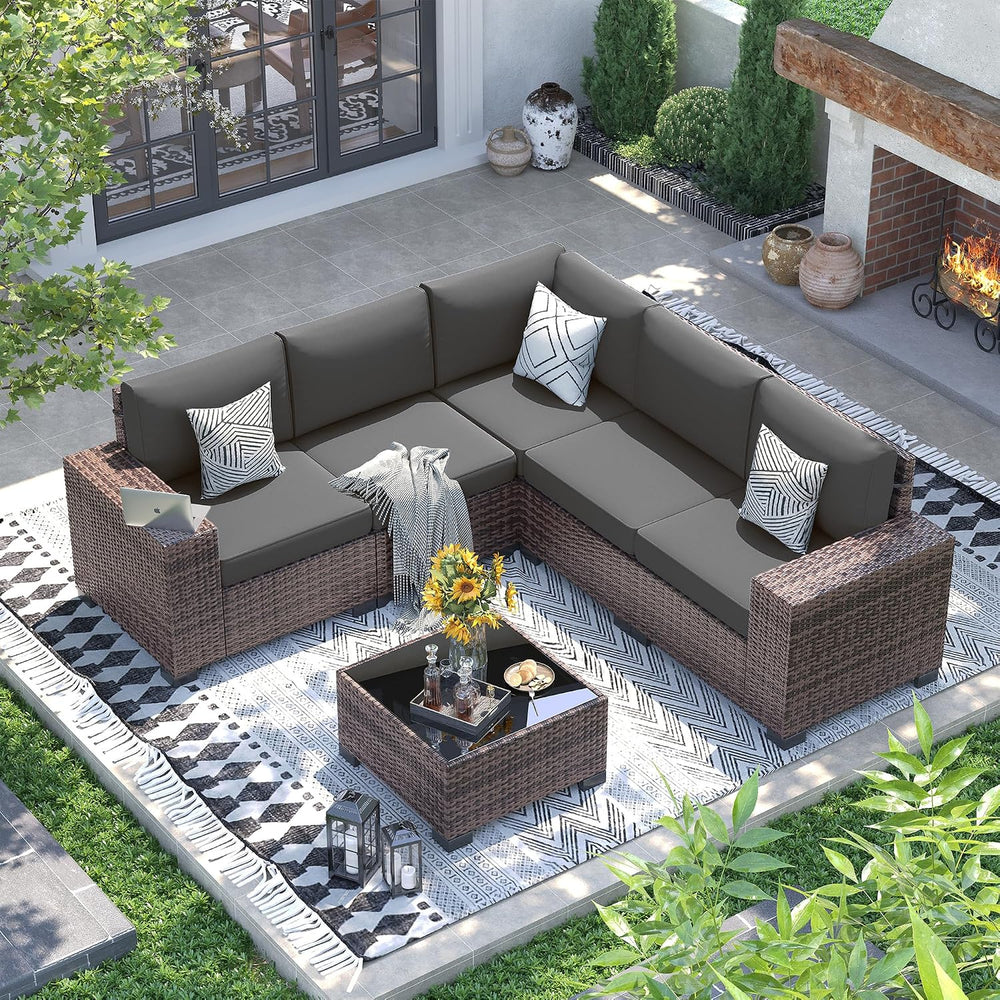 UDPATIO Outdoor Patio Furniture Set, Wicker Sectional Sofa, 8" Wide Armrest