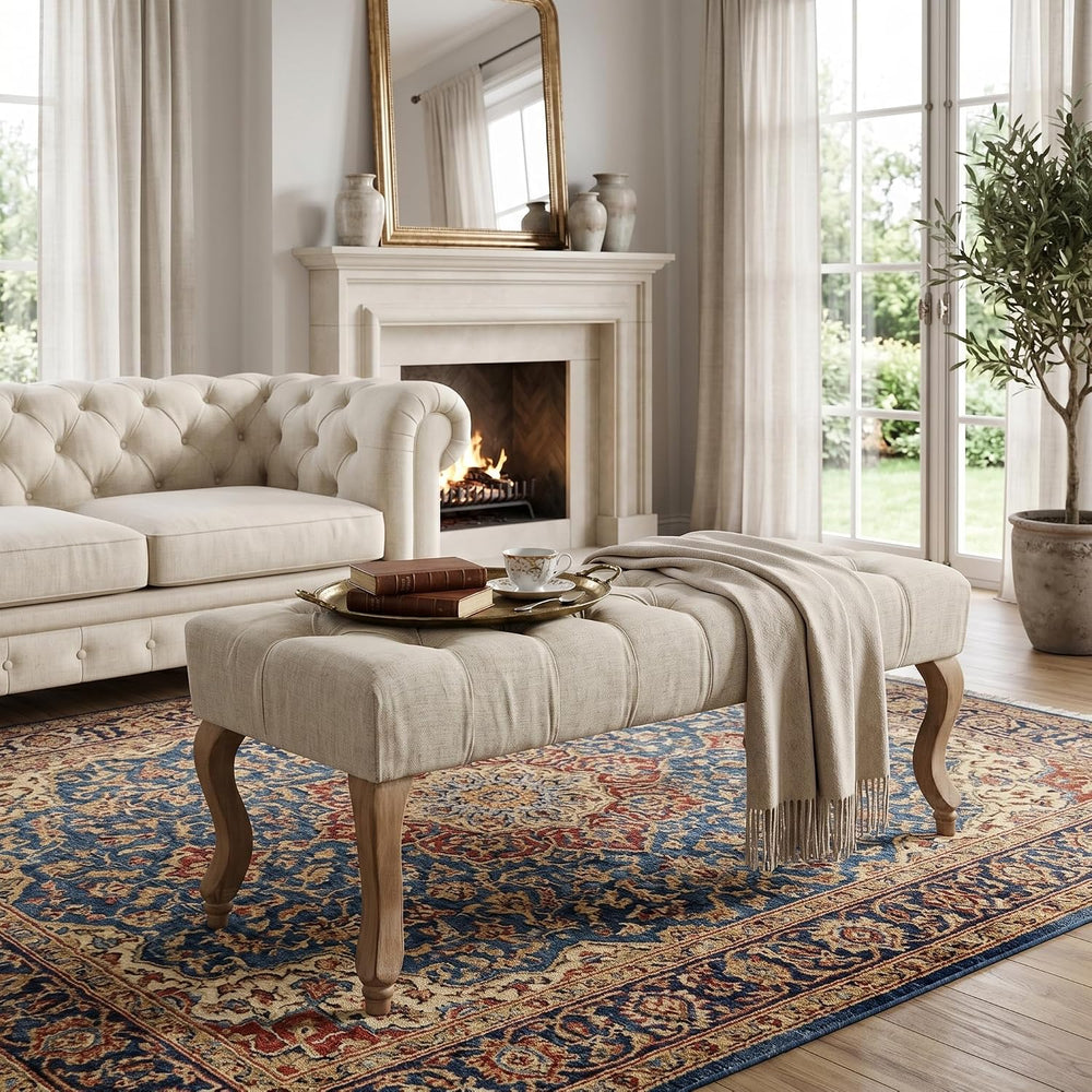 40" Accent Bench, Upholstered Tufted Ottoman Bench French Vintage Entryw...