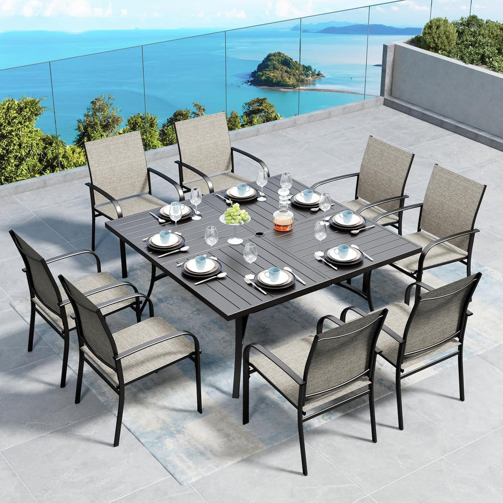 SUNSHINE VALLEY 9pc Patio Dining Set, 57.5" Square Table & 8 Brown C...