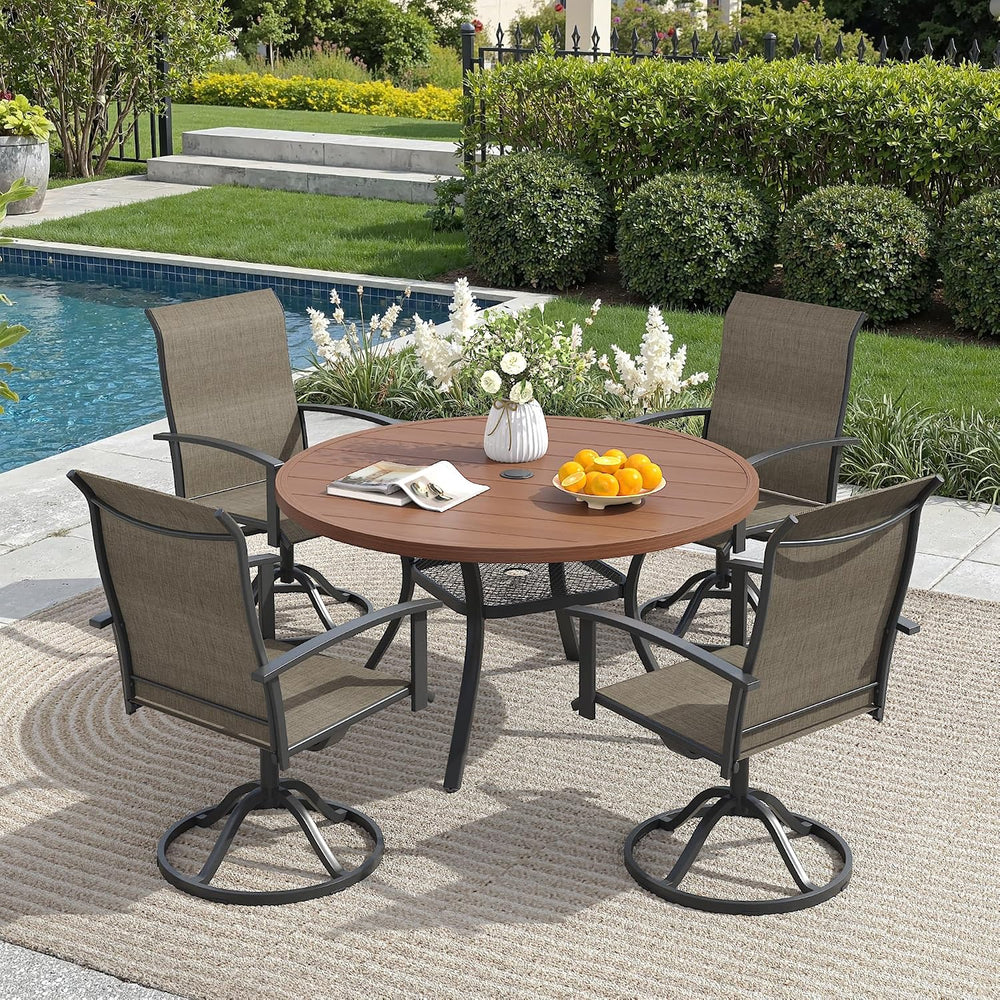 5PCS Outdoor Dining Set, 40.6" Round Table and 4 Swivel Chairs, Brown