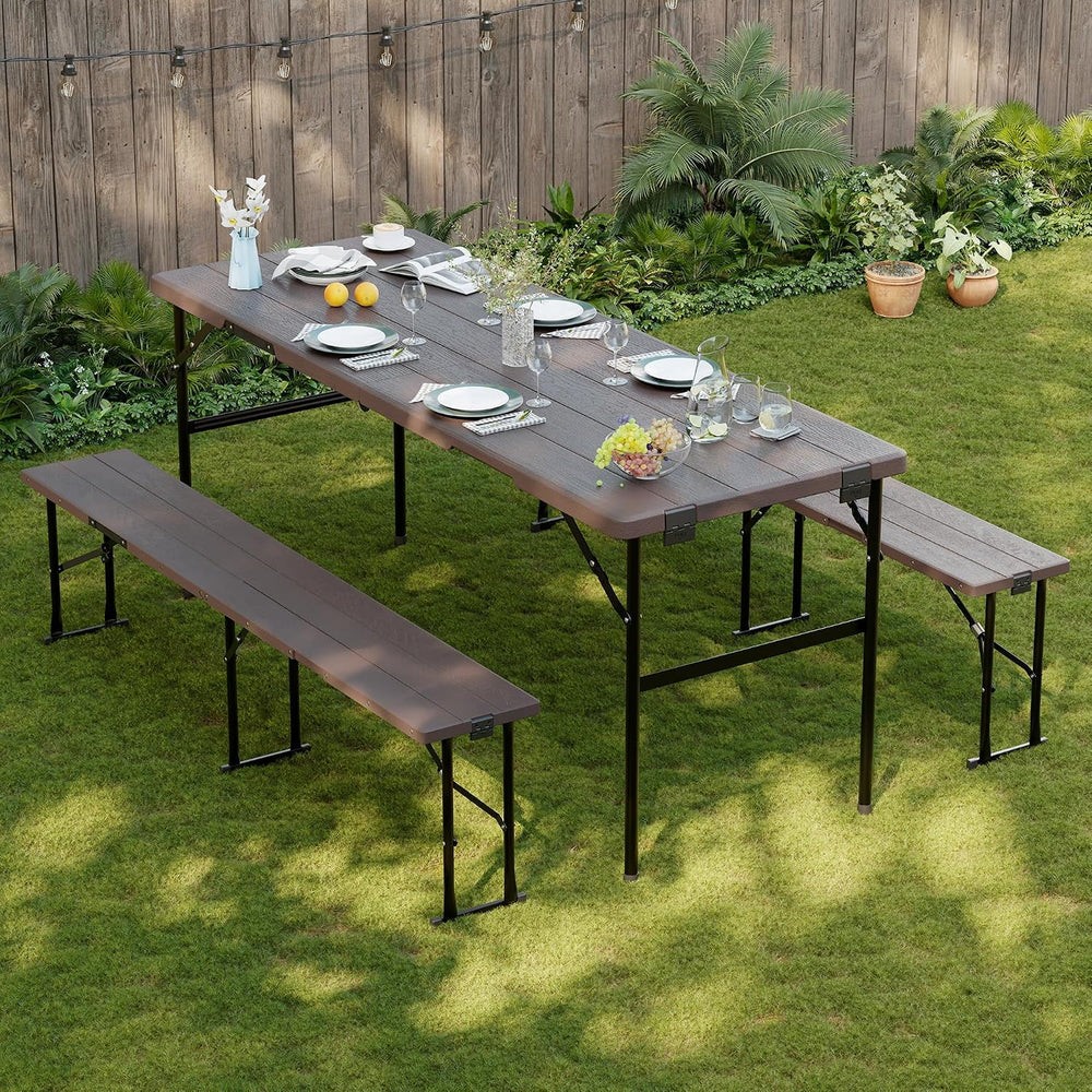 Picnic Table Set with 2 Benches,6 Feet Folding Camping Table Chair Set with W...