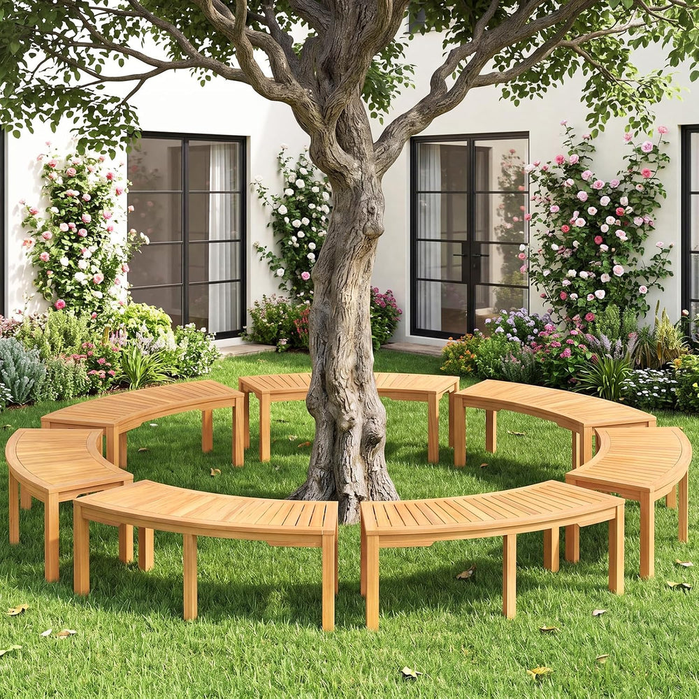HAPPYGRILL Outdoor Curved Bench, Acacia Wood Backless Fire Pit Bench with Sla...