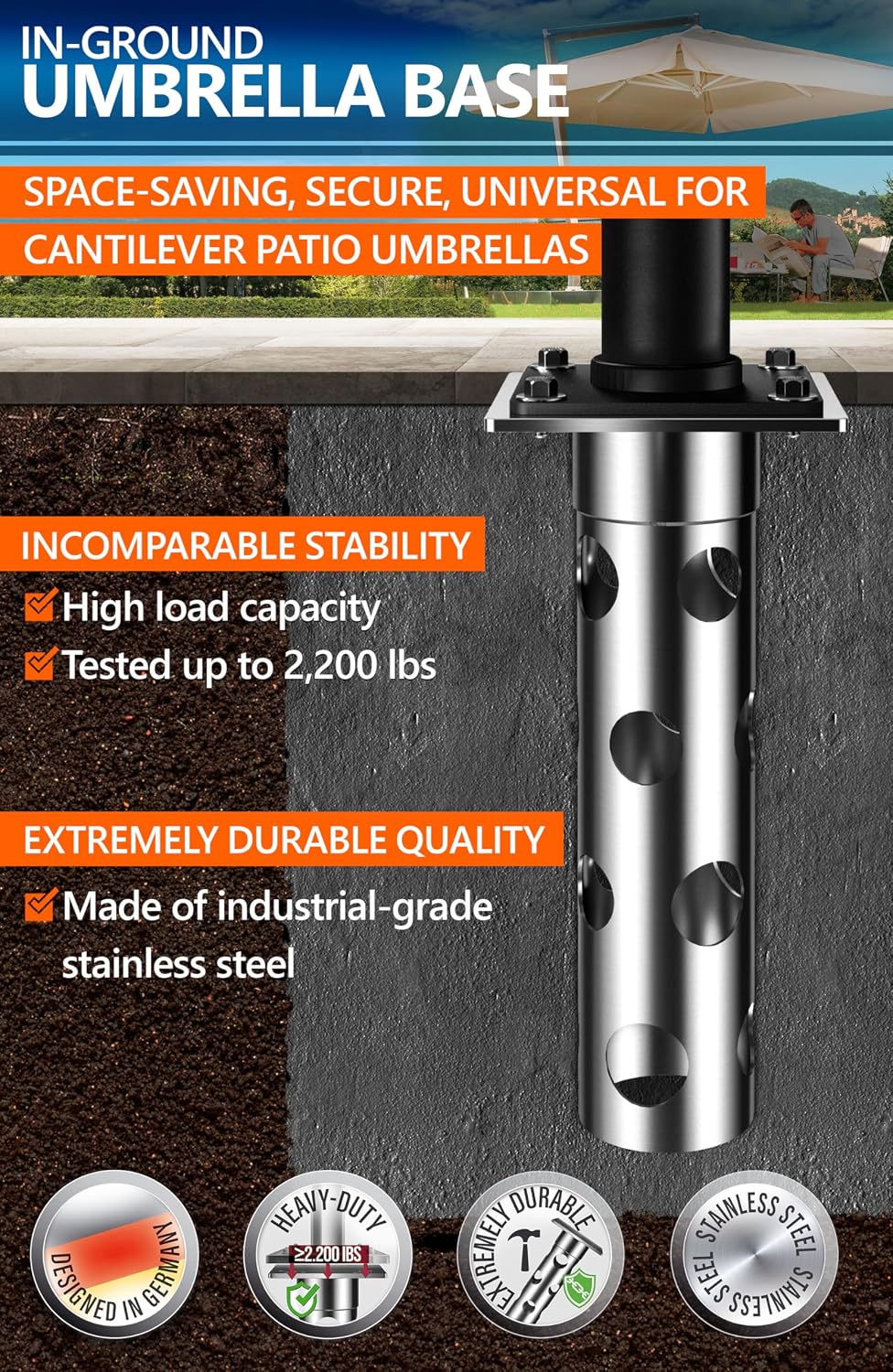 4smile In-ground umbrella base, stainless steel - In-ground umbrella holder, ...
