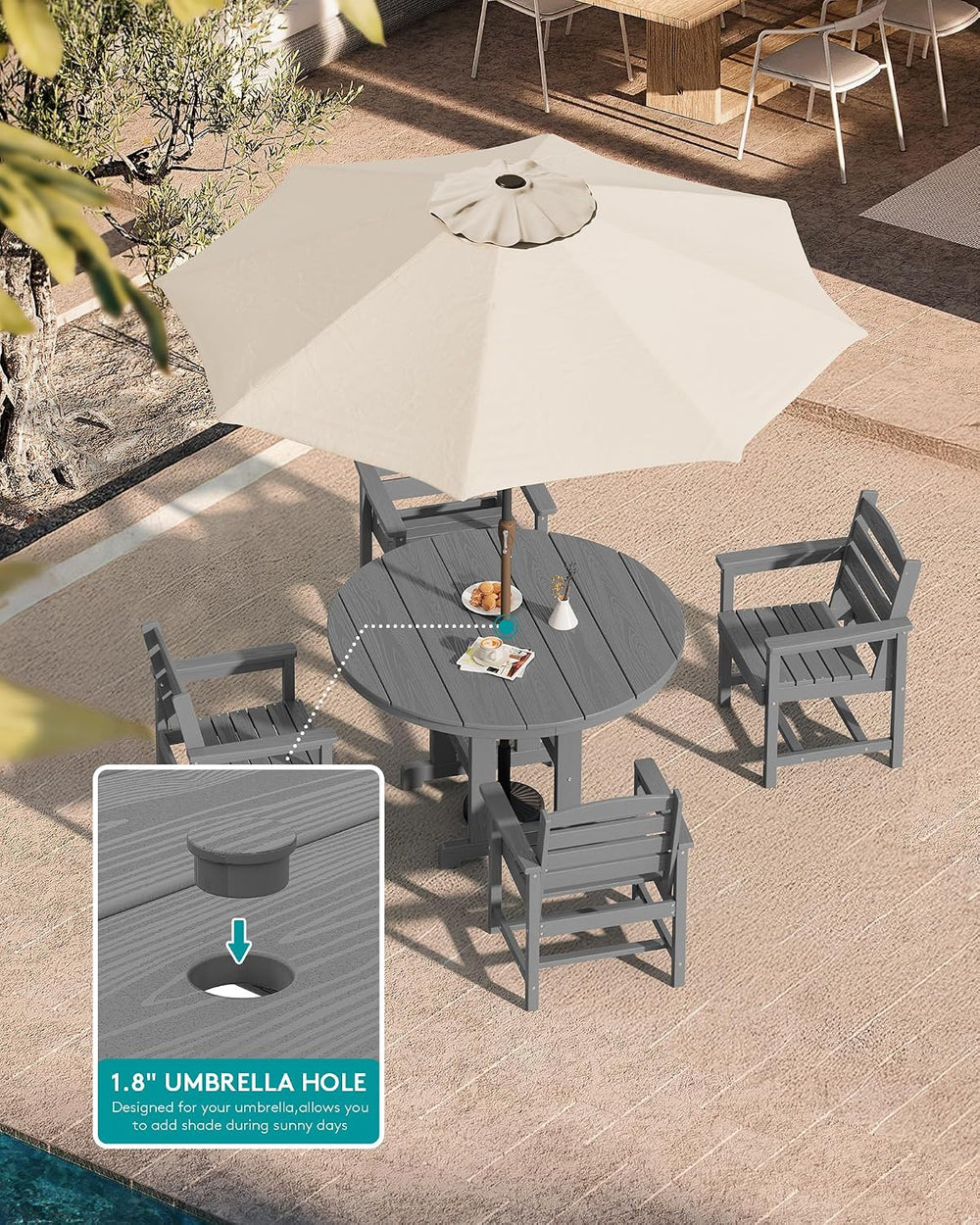 SERWALL 5-Piece Patio Round Dining Set, 45" Table, 4 Chairs, Grey