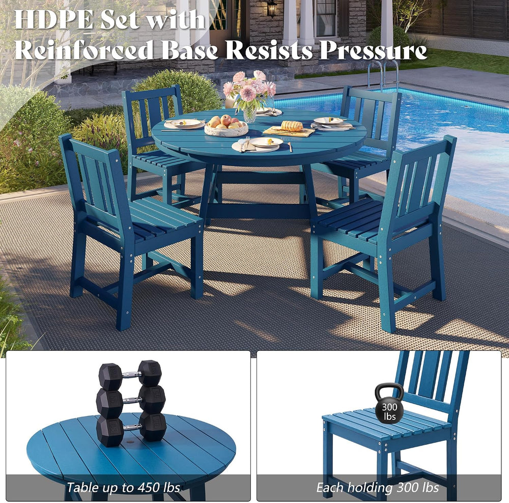 AMERLIFE Outdoor Dining Set for 4, HDPE Round Table and Chairs, Blue