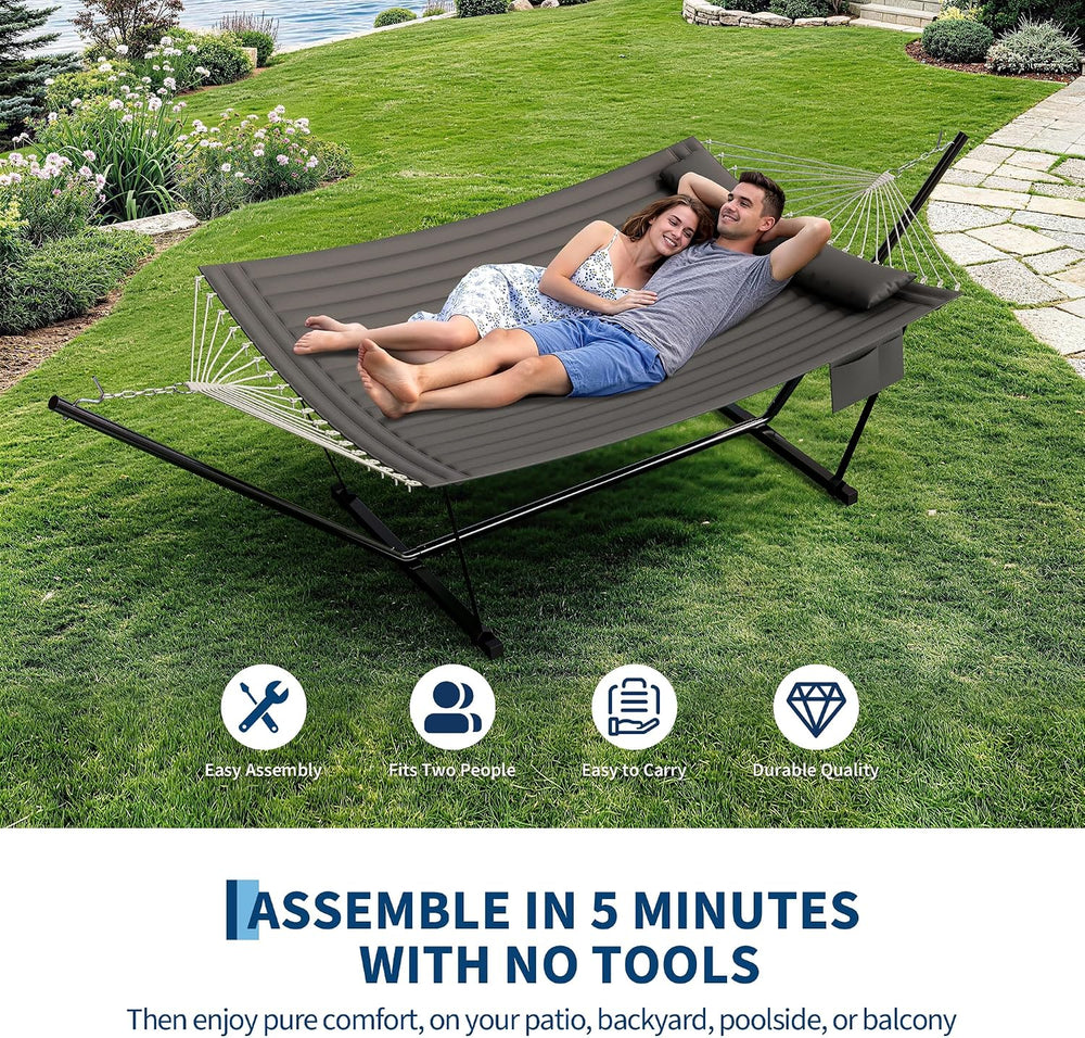 Garvee 2-Person Hammock with Stand for Outside–450lbs, Balance Rope, Pillow