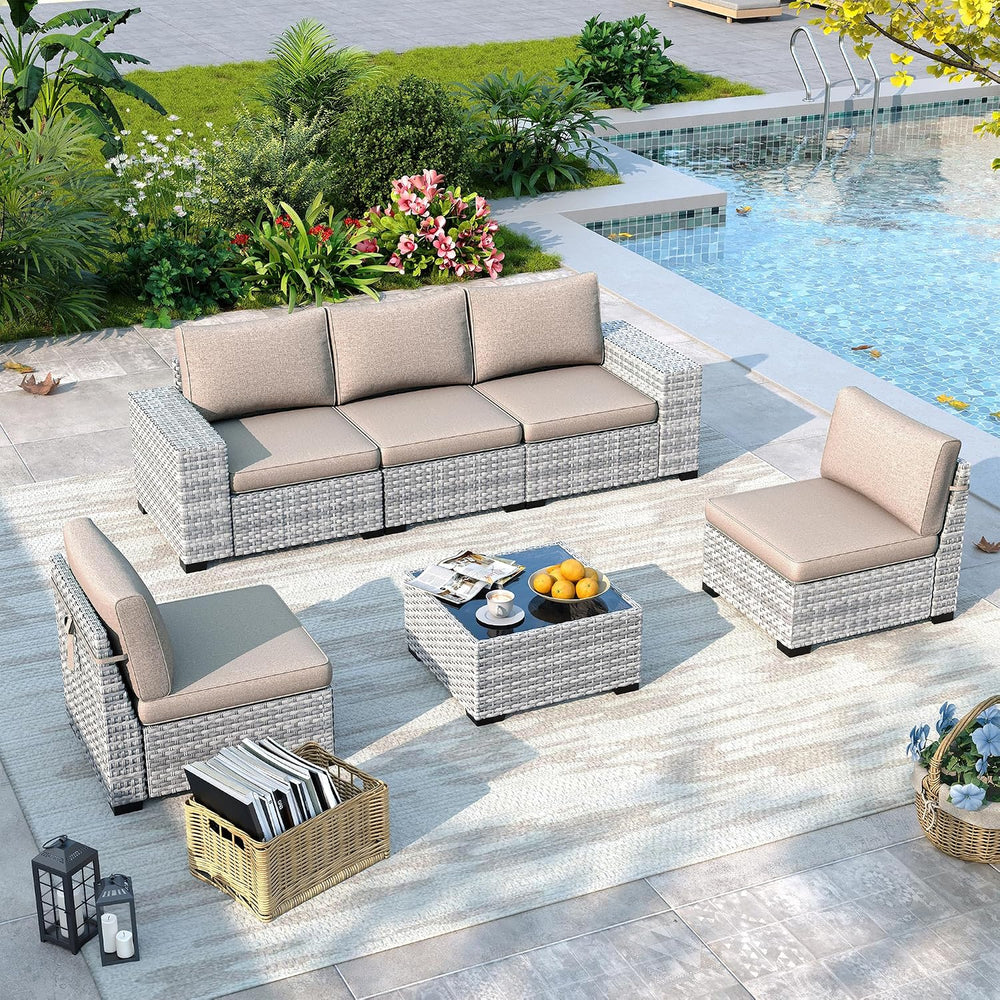 6 Piece Outdoor Wicker Patio Furniture Set Rattan Outdoor Sectional Sofa