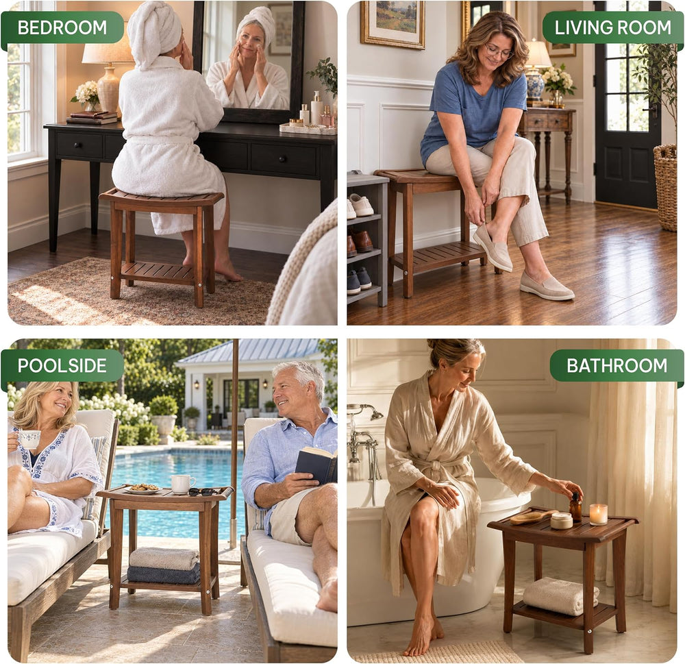 Solid Wood Shower Bench, Shower Stool Chair, Waterproof Non-Slip, Walnut