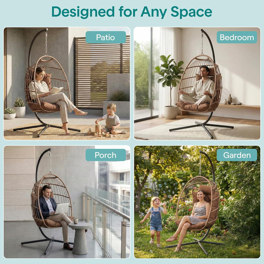 SereneLife Hanging Egg Chair with Stand | Foldable Rattan Wicker Hammock Chai...