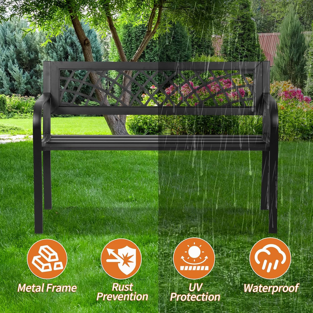 Outdoor Bench,Patio Garden Benches,Metal Weatherproof Porch Bench with Grid-P...