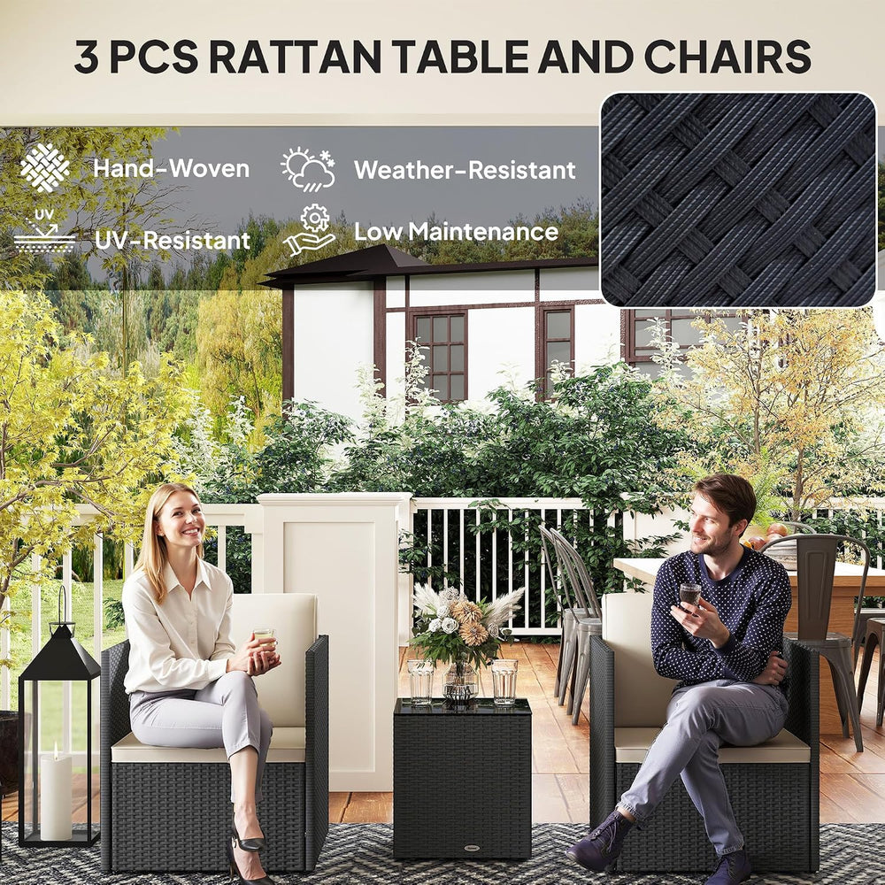 Outsunny 3 Piece Patio Furniture Set, Outdoor Wicker Bistro Set, Black