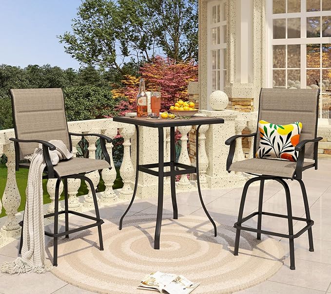 PHI VILLA 3 Piece Outdoor Swivel Bar Stools Set, Bar Height Patio Set with 2 ...