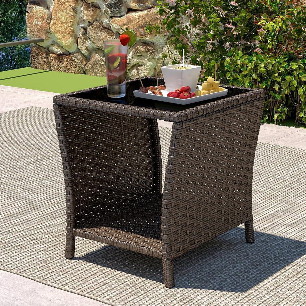kinbor Set of 2 Outdoor Wicker Side Table, Glass Top & Storage Shelf, Brown
