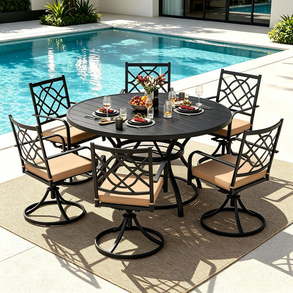 7-Piece Outdoor Dining Set Metal Swivel Cushioned Chairs Patio Furniture Sets...