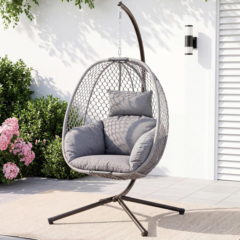 Outdoor Egg Hanging Chair with Stand, Honeycomb Wicker Swing Chair for Patio,...