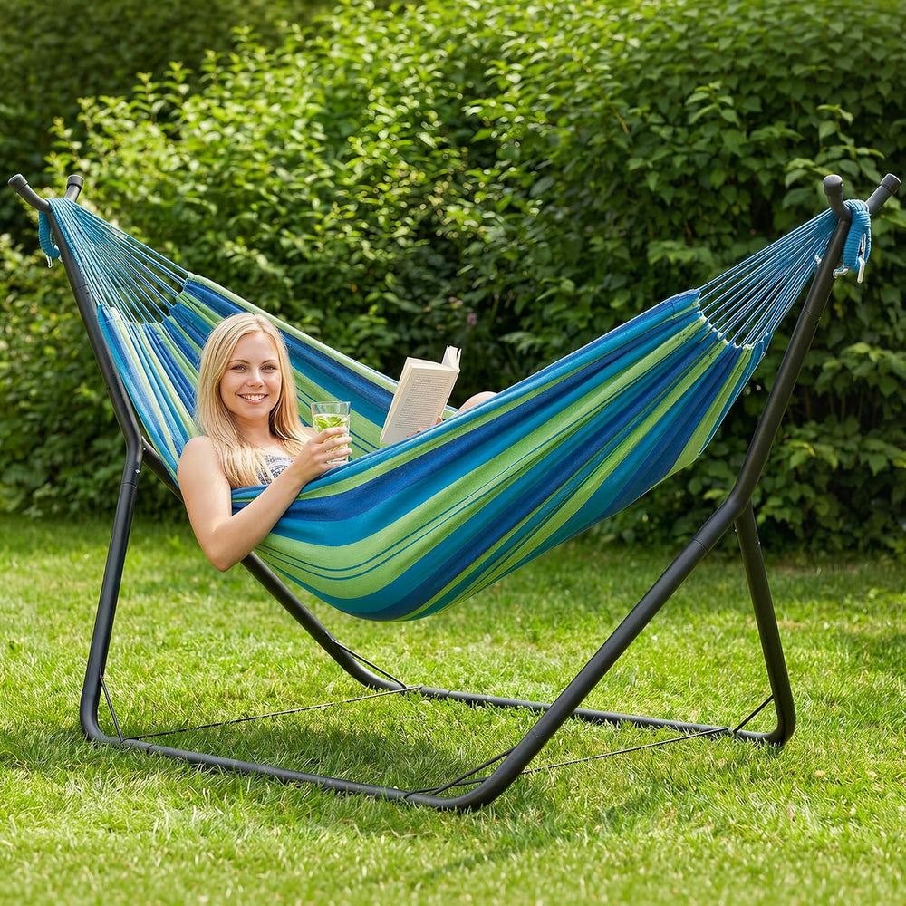 ANOW Outdoor Space Saving Hammock with Stand Included, Blue Green Stripe