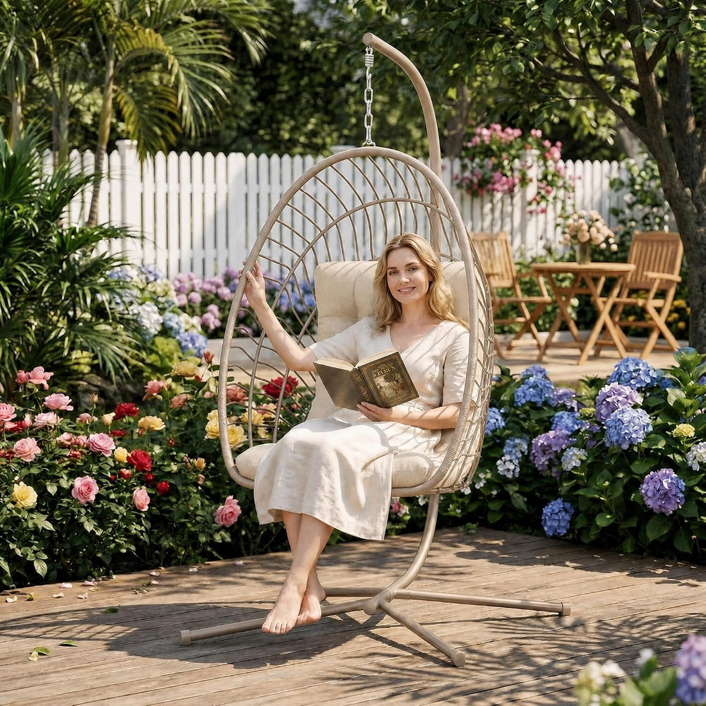 Kingdura Hanging Egg Chair with Stand Indoor Outdoor, Foldable Rattan Wicker ...