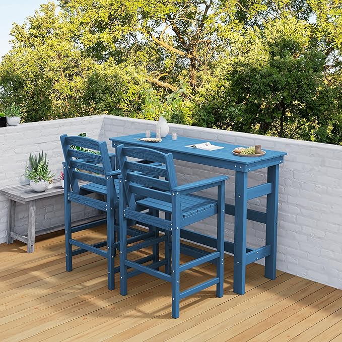 SERWALL Outdoor Bar Table and Chairs Set, Adirondack Bar Chairs Set of 2 and ...