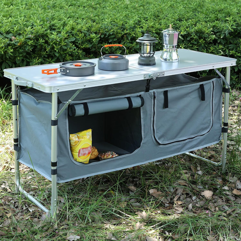 JOUYEK Camping Table, Folding Portable Kitchen Table with Storage Gray