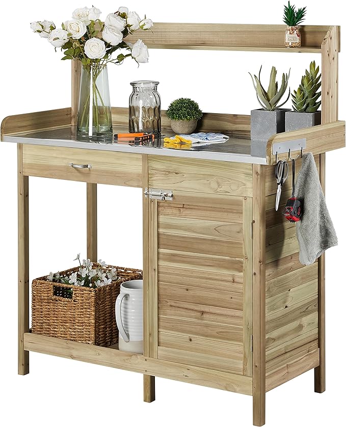 Yaheetech Outdoor Potting Bench Table, Garden Work Bench w/Metal Tabletop Wor...