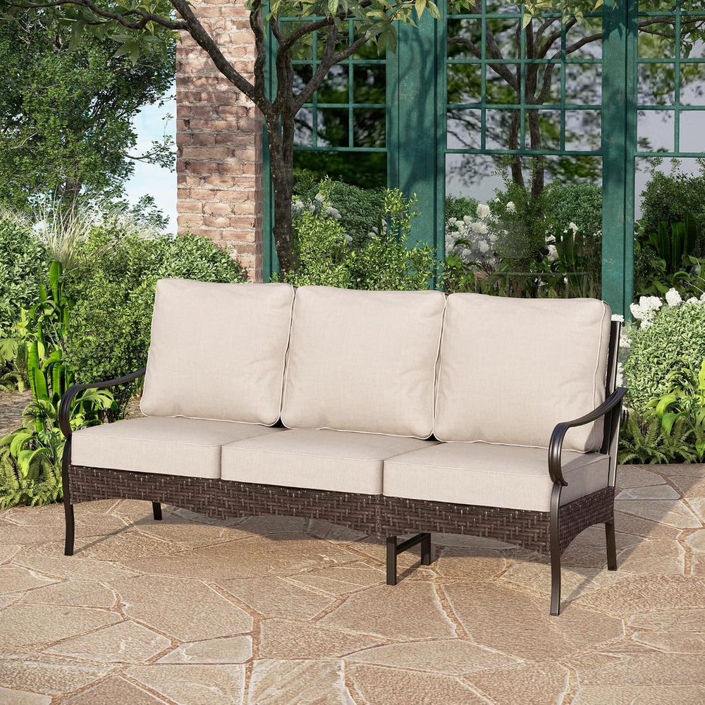 PHI VILLA Rattan Outdoor Sectional Sofa Set, Durable Steel Frame, 3 Seats