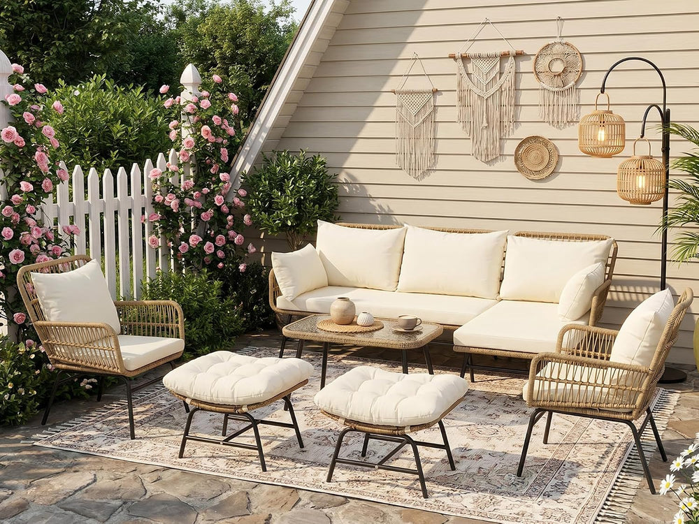 RADIATA 7 Pcs Boho Outdoor Furniture, L Shaped Sectional and 2 Ottomans