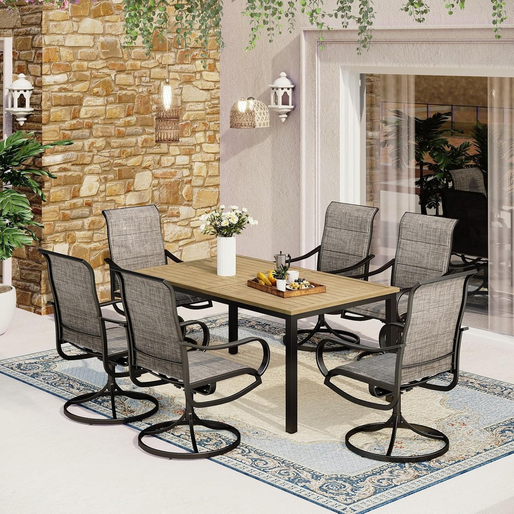 MFSTUDIO Patio Dining Set for 6 w/Wood-Grain Metal Table & Swivel Chairs