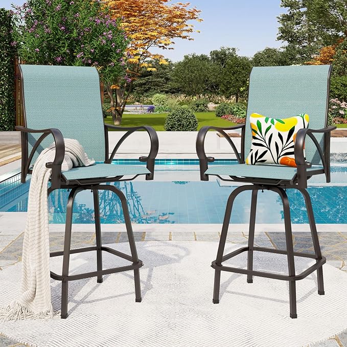 PHI VILLA Outdoor Bar Stools Set of 2, Swivel Patio Bar Stools & Chairs w...