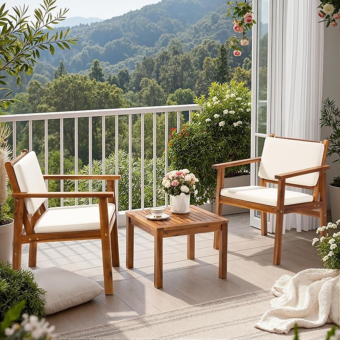 Flamaker Patio Chairs 3 Piece Acacia Wood Patio Furniture with Coffee Table &...