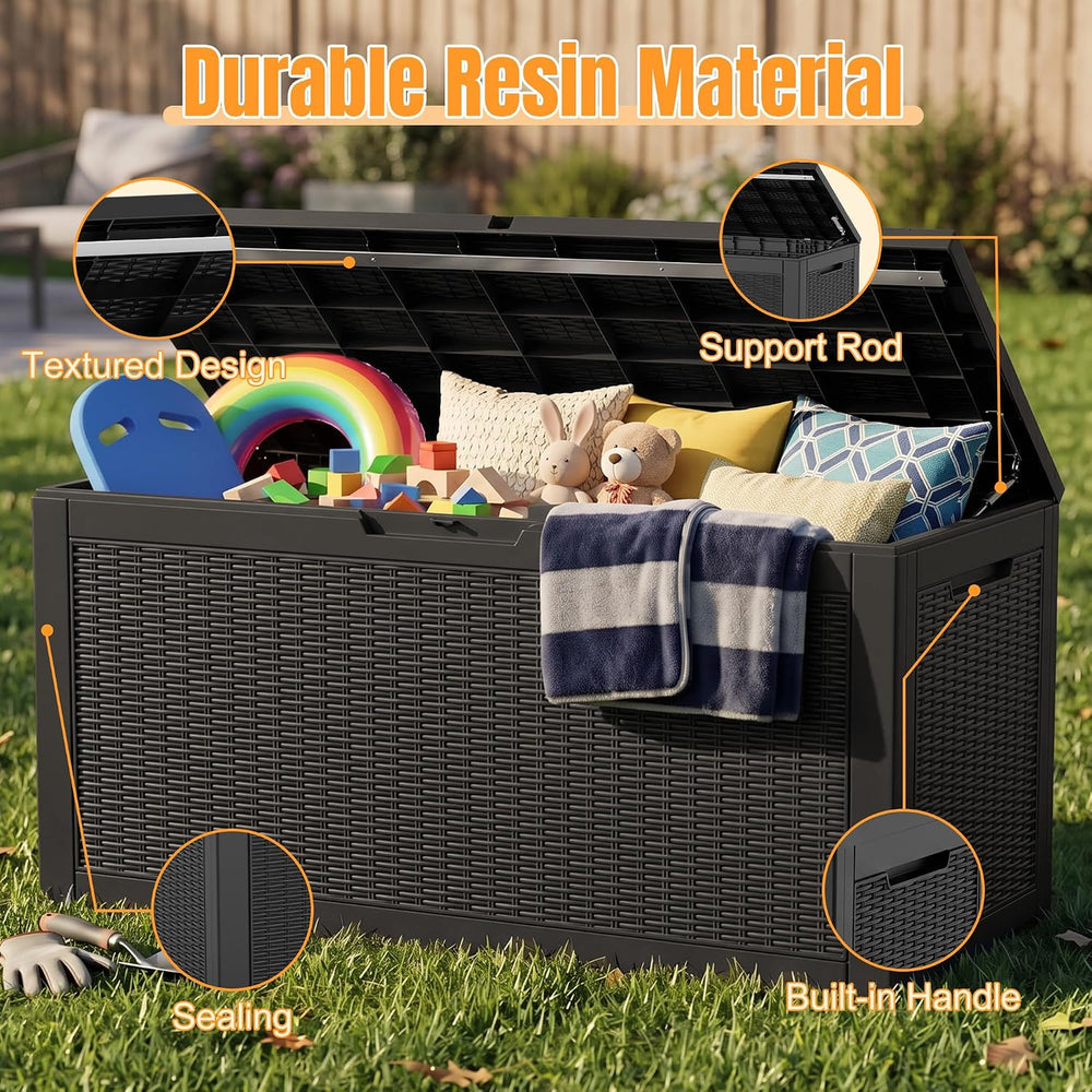 Outdoor Storage Box, 170 Gal Waterproof Resin Deck Box w/Support Rod