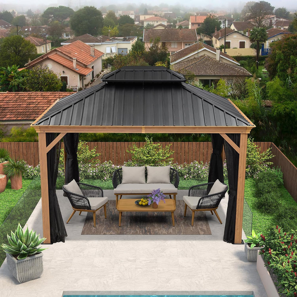 PURPLE LEAF Hardtop Gazebo 10' x 12' with Drainage System, Wood Grain...