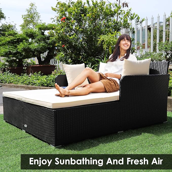 COSTWAY Outdoor Patio Rattan Daybed, Sponge Cushioned Loveseat Sofa with 4 Pi...
