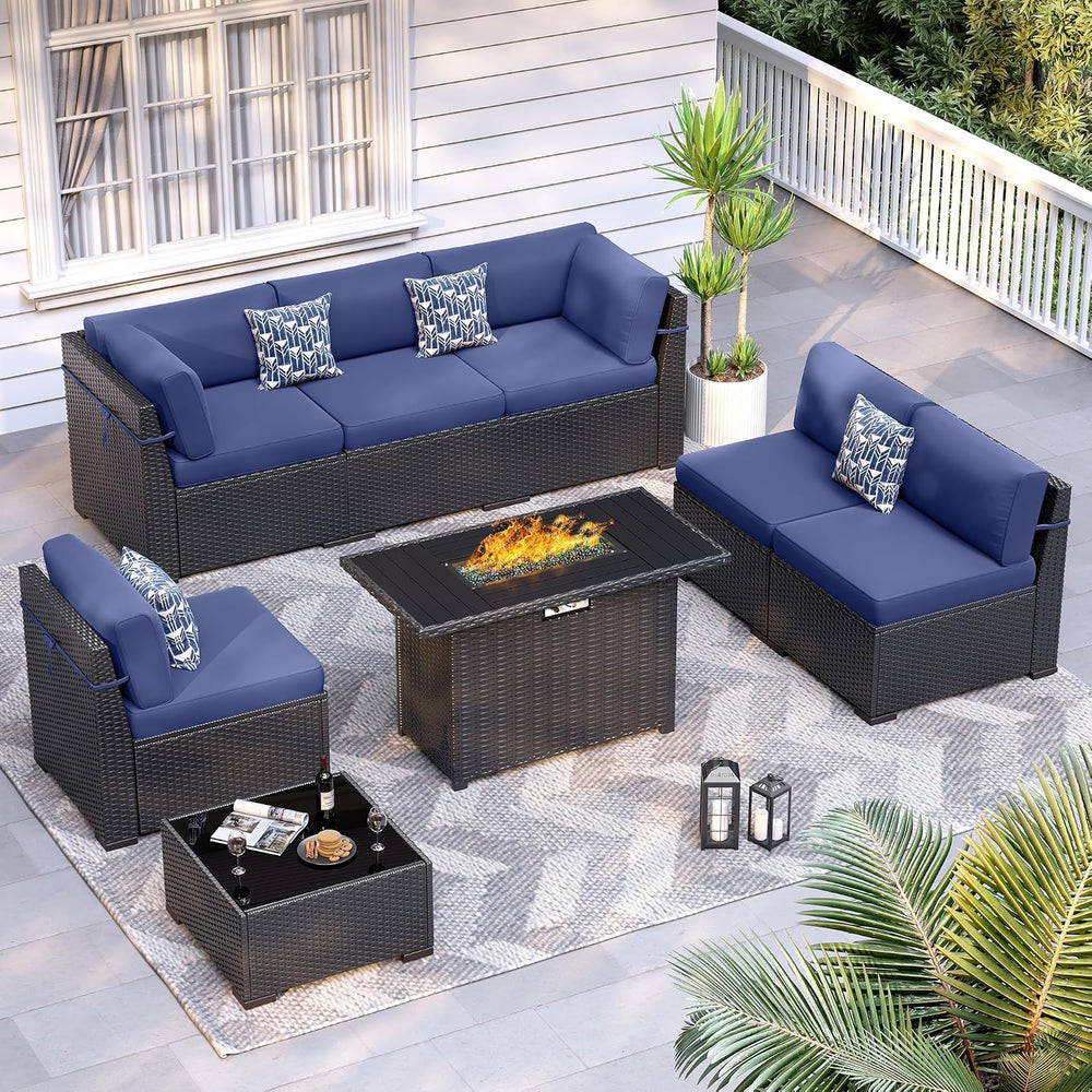 8 Piece Patio Furniture Set with 44” Fire Pit Table with Thickened Cushions