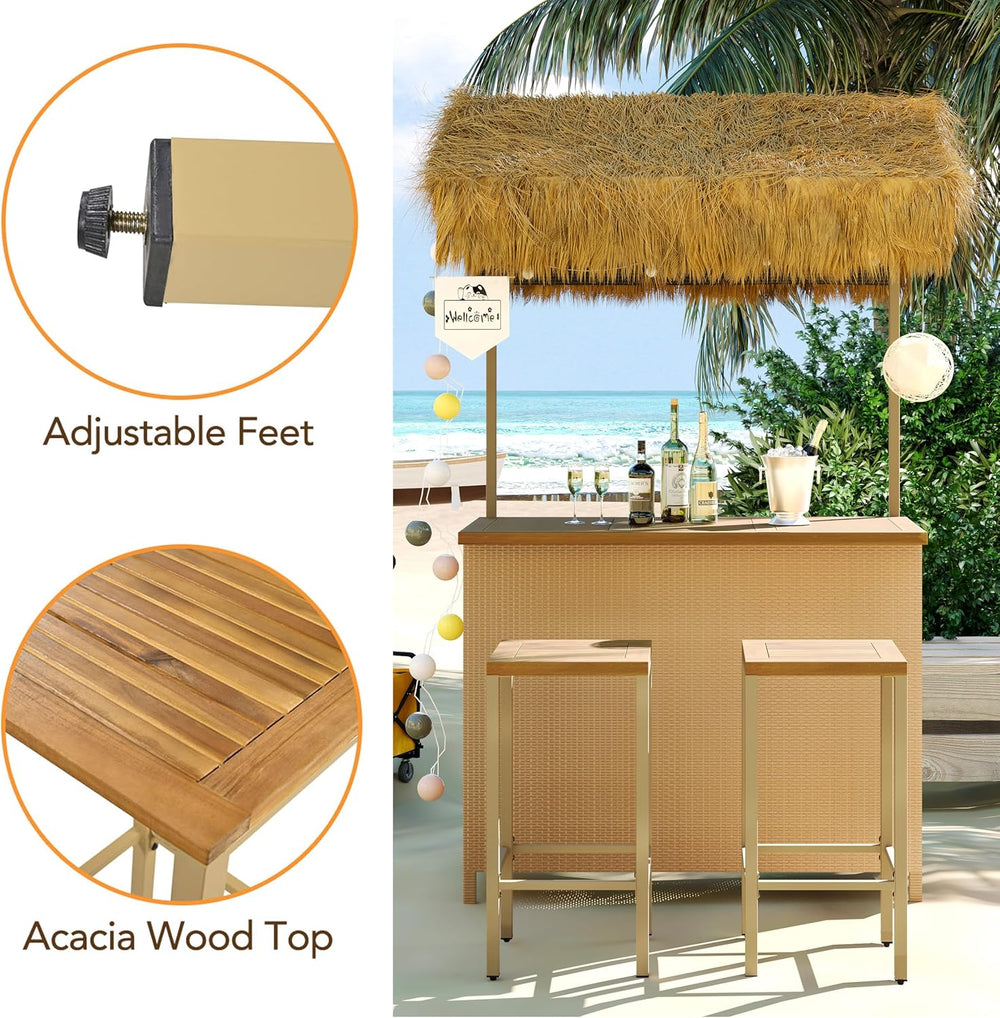 Outdoor 3-Piece Tiki Bar Set, Wicker Bar Table & 2 Stools