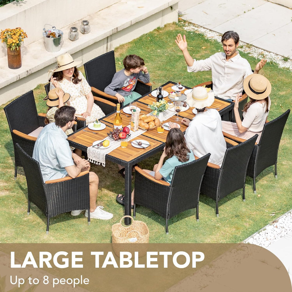 Devoko 9 PCS Acacia Wood Patio Dining Set, Black Rattan