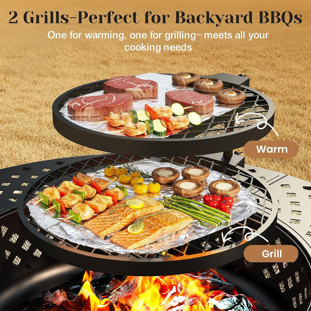 43" Fire Pit, Firepit with Adjustable 2 Grills & Lid & Fire Poke...