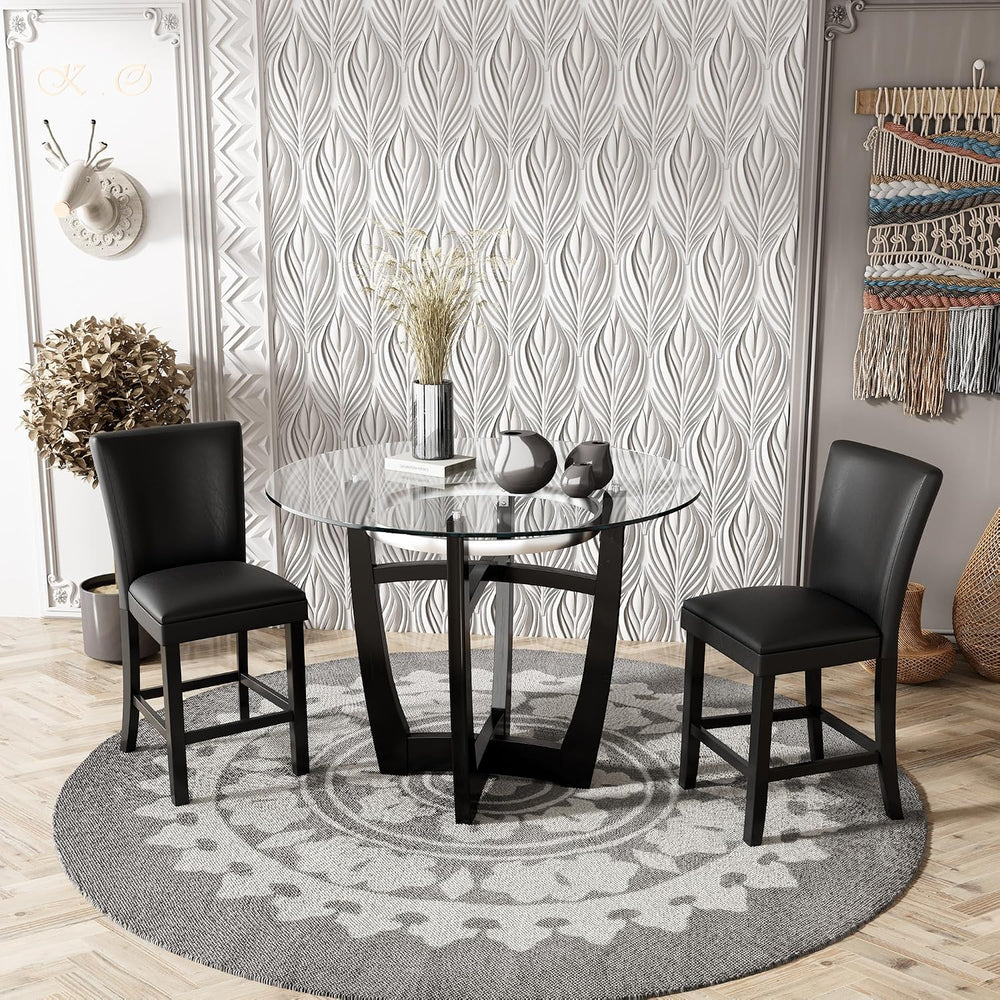 PADMA HOUSE Glass Pub Dining Set for 4, 45" Round Table + 4 Black PU Stools