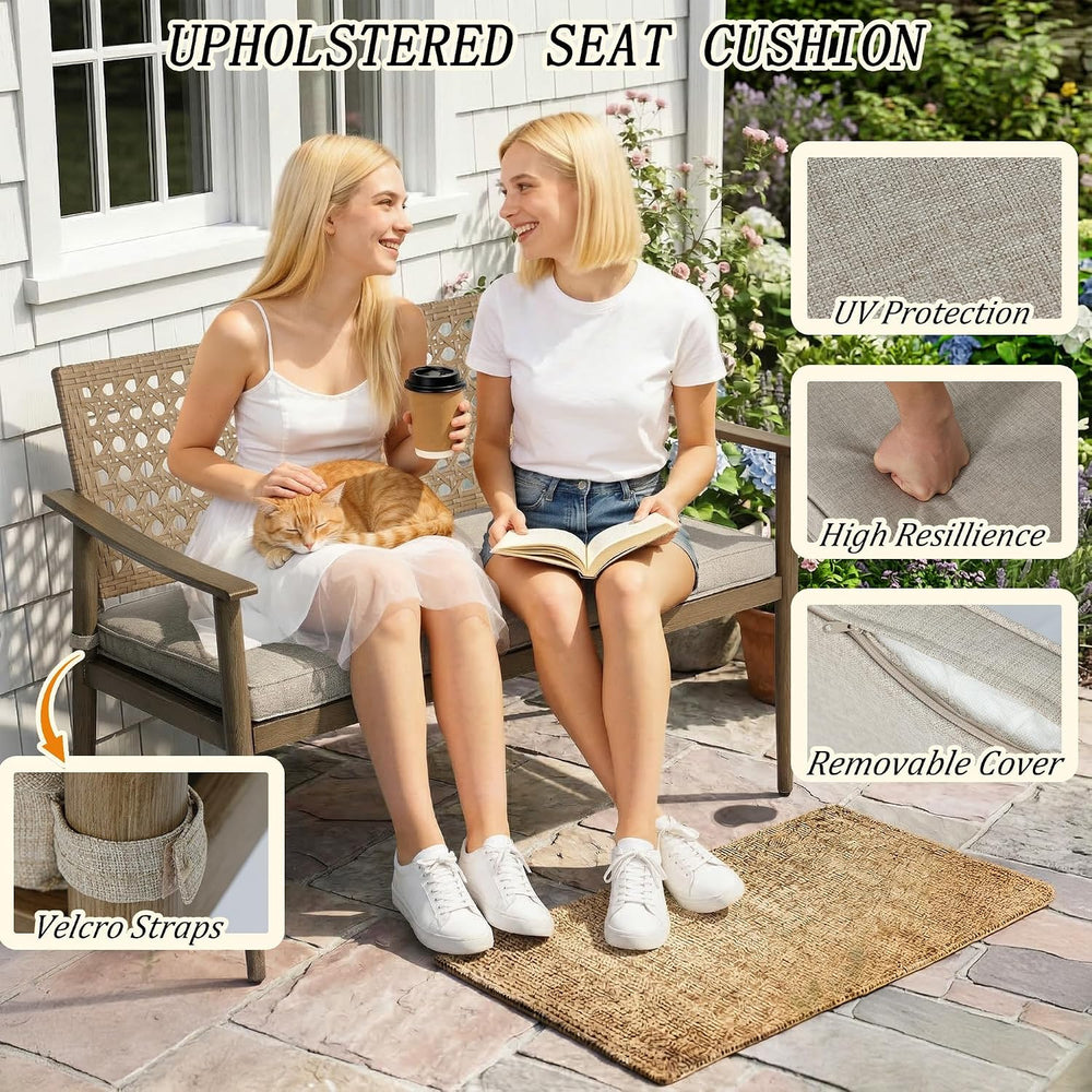 NOBLEMOOD Outdoor Patio Bench with Wicker Backrest,Cushion & Aluminum Frame