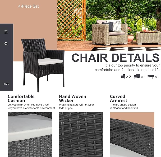 Shintenchi 4 Piece Outdoor Patio Furniture Sets, Small Wicker Patio Conversat...
