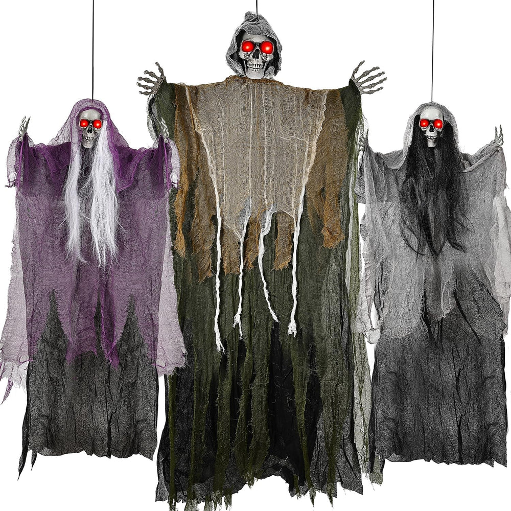 3PCS Scary Hanging Ghosts with Glowing Eyes, Light-Up Halloween Ghost Decorat...