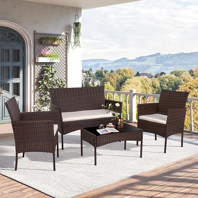 Shintenchi 4 Piece Outdoor Patio Furniture Set, Wicker Rattan Patio Conversat...