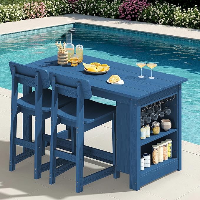 SERWALL 3-Piece Outdoor Counter Height Bar Set, HDPE Patio Bar Table with Win...