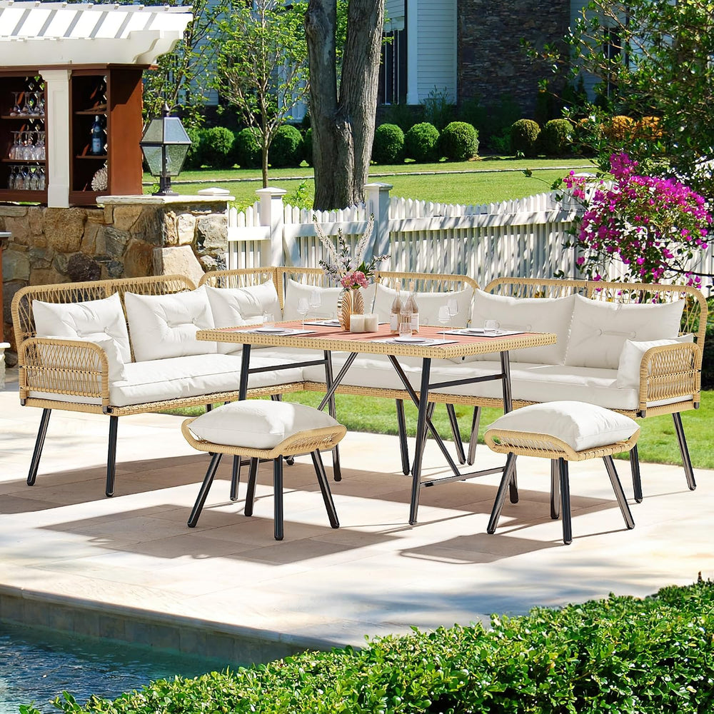 YITAHOME L-Shaped Rattan Patio Furniture Set Light Brown Beige