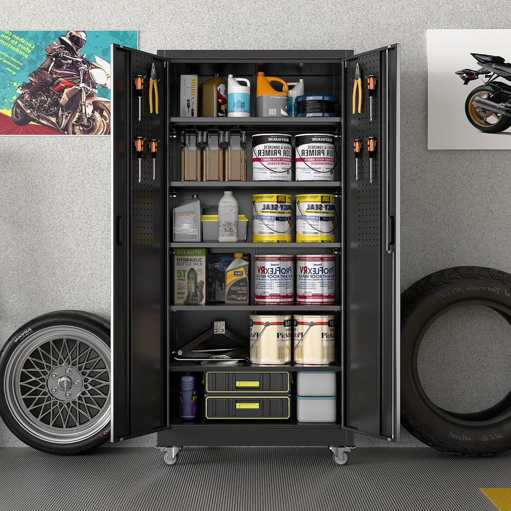 Metal Garage Storage Cabinet with Wheels and Pegboard Doors